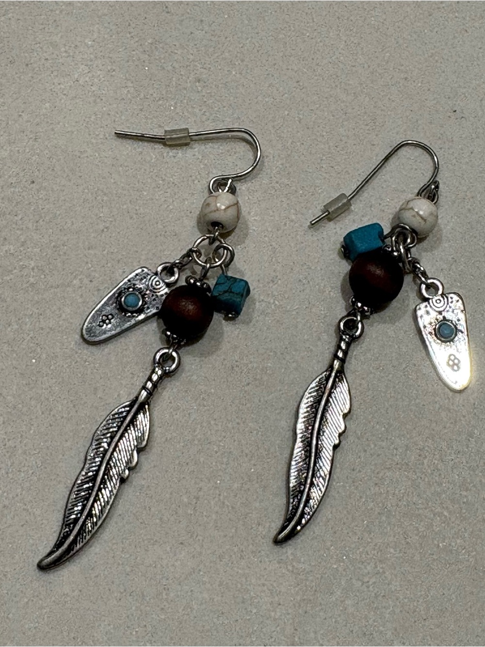 Bohemian Feather Drop Earrings with Turquoise & Wood Beads